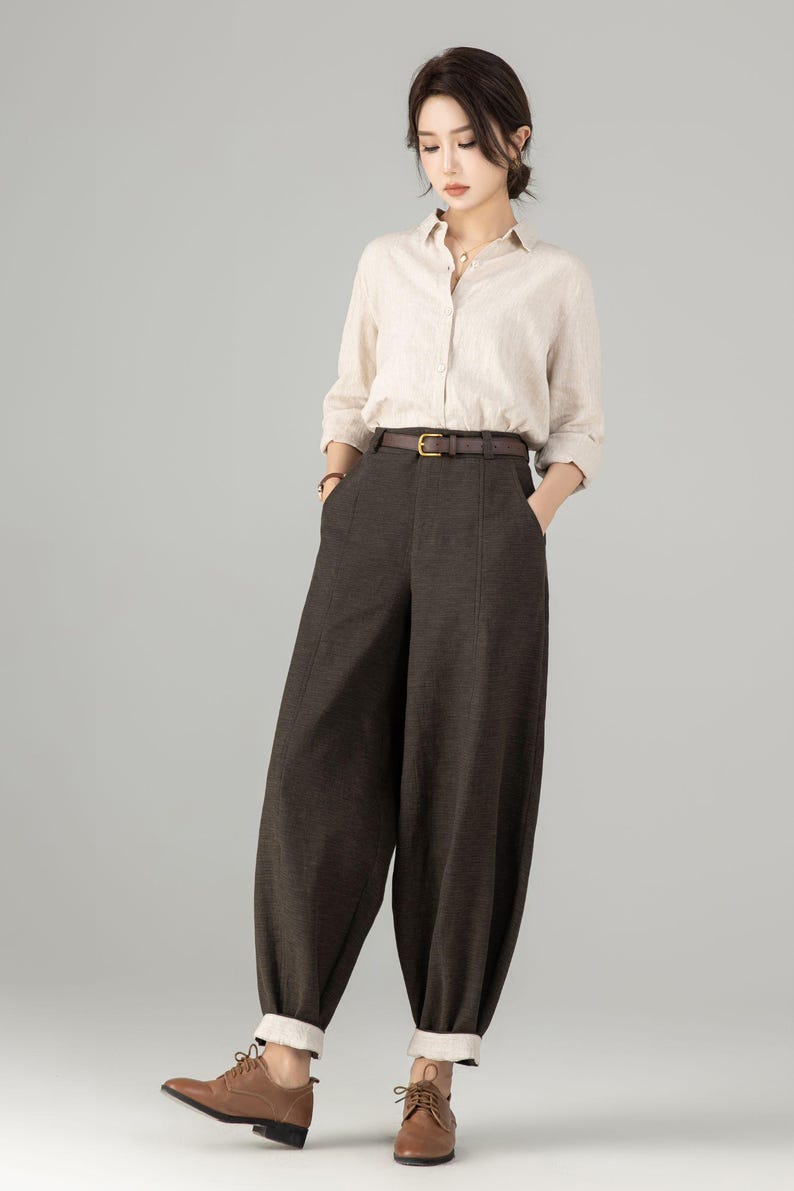 Women's Linen baggy pants, Casual Baggy Harem Pants, Army green Long linen pants, Spring linen pants, Loose Fitting Pants, Xiaolizi 5703 2-Brown