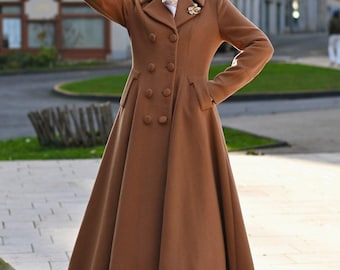 Brown Wool Blend Coat for Women – Double Breasted Fit and Flare