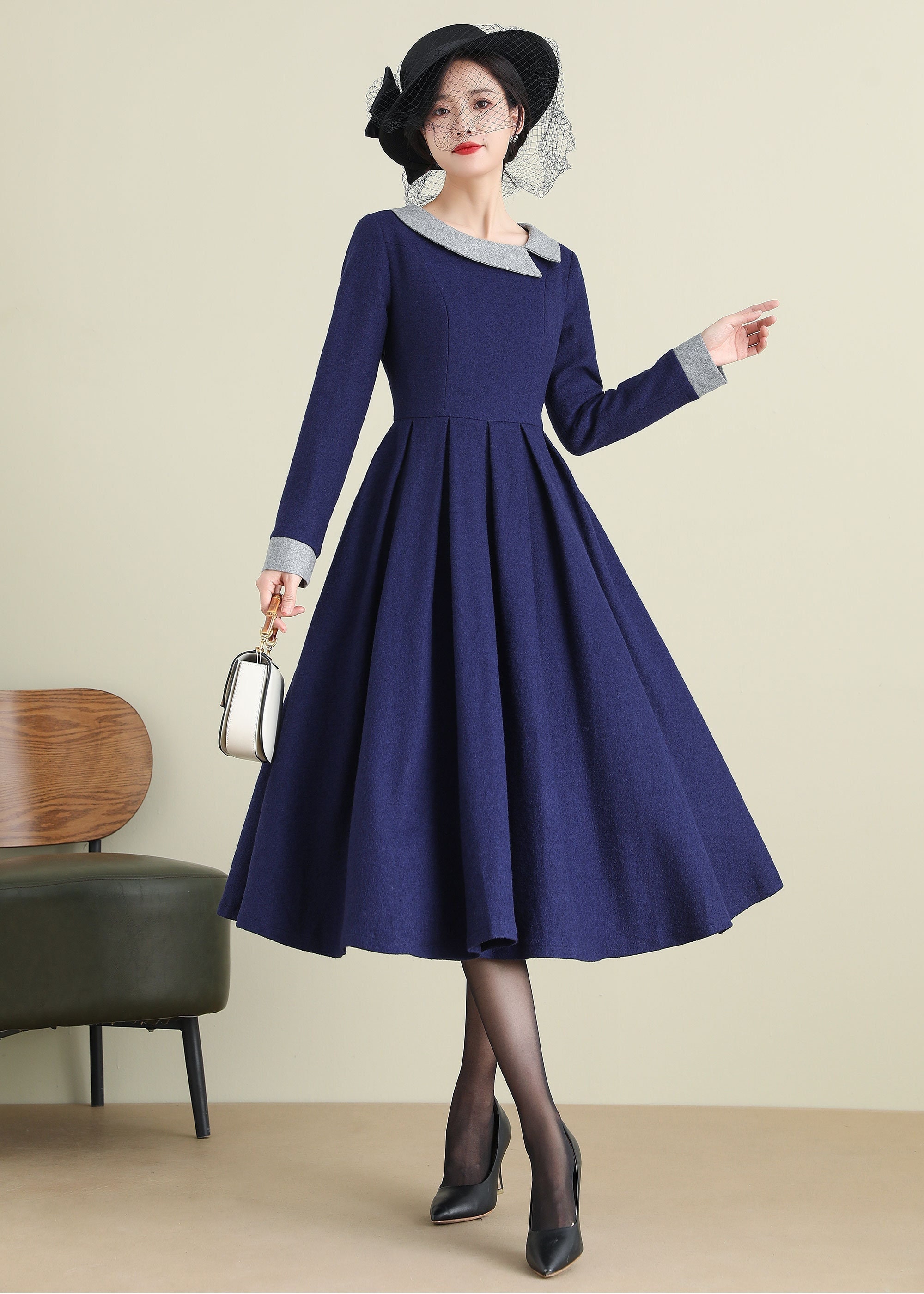 Wool Autumn Midi Dress | Xs Navy Blue Women Long A-line 3892 Handmade By Xiaolizi Wool Autumn Midi Dress | Xs Navy Blue Women Long A-line 3892 Handmade By Xiaolizi