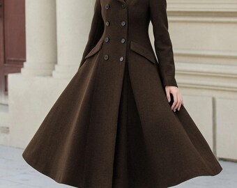 Wool Hooded Midi Coat: Vintage Double-breasted Winter Overcoat