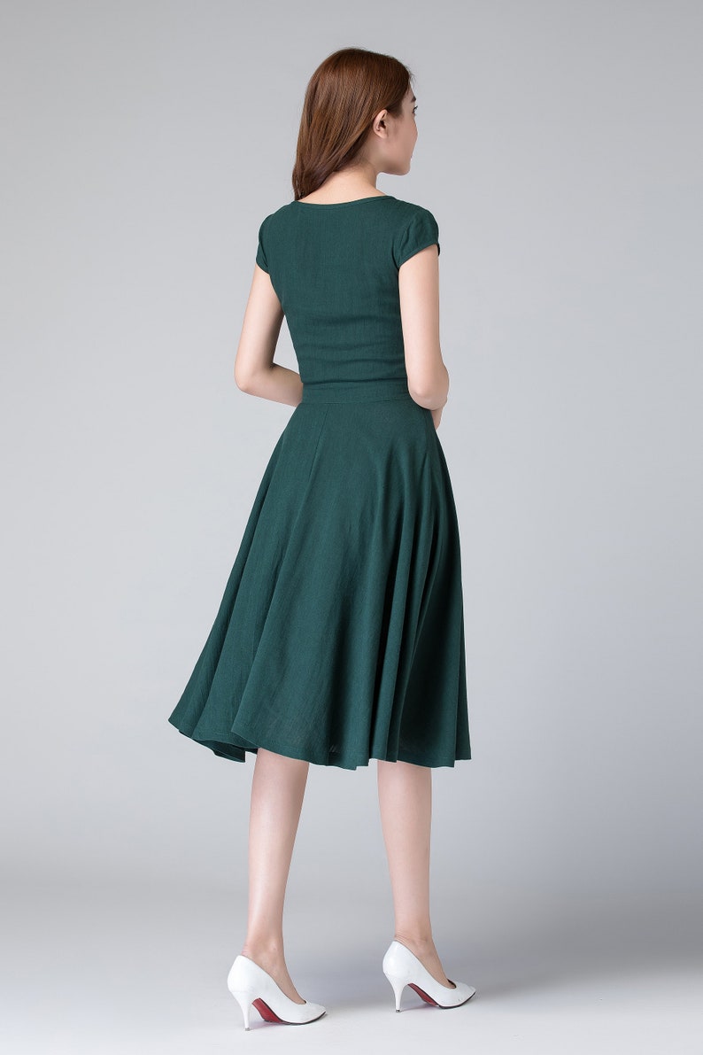 Vintage 1950s Green Linen Dress Wedding Guest Dress Fitted
