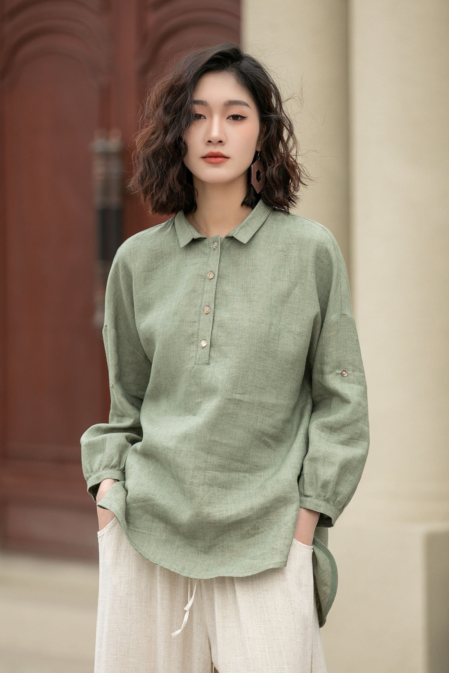 トップス Let LOOSE THOUGHTFUL LINEN SHIRT Hnodov Cotton Linen Button Down Shirts for Women Long Sleeve