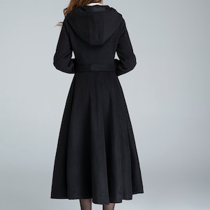 Vintage Inspired Black Swing Hooded Wool Coat, Long Wool Coat, Midi ...