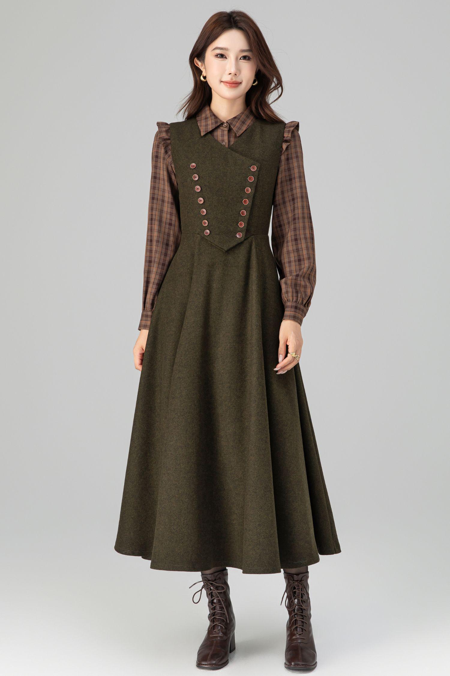 Army Green Wool Pinafore Dress: Sleeveless Midi A-line - Xiaolizi