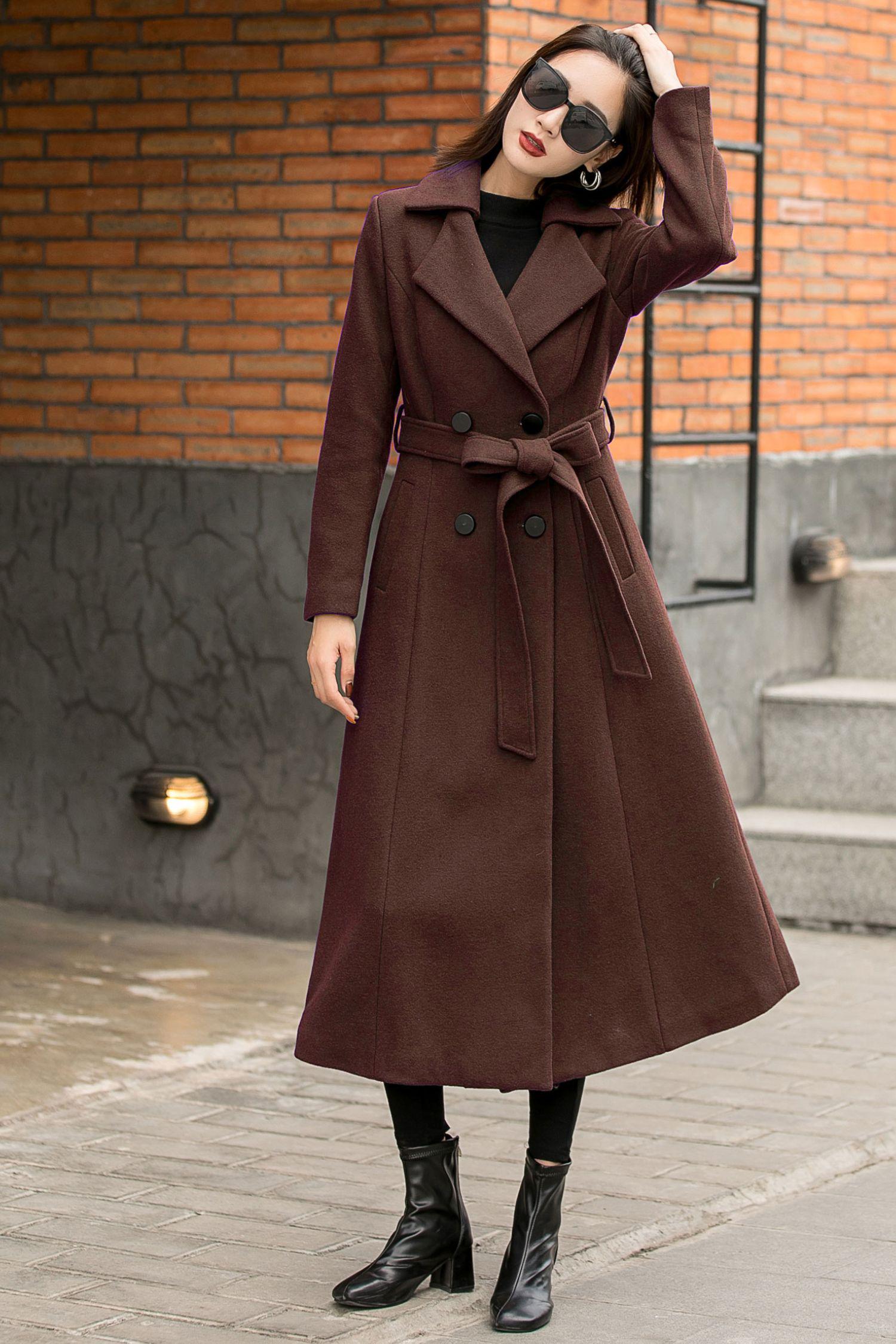 Brown Wool Blend Trench Coat, Long Double Breasted Belted Winter