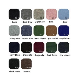 May include: A color chart featuring seventeen fabric swatches with rounded corners, labeled with codes 25-1 through 25-18 and color names including Black, Dark Grey, Light Grey, Pink, Blue, Dusty Blue, Denim Blue, Moss Green, Light Camel, Royal Blue, Navy Blue, Chocolate, Burgundy, Dark Green, Black Blue, Black Green, and Brown.
