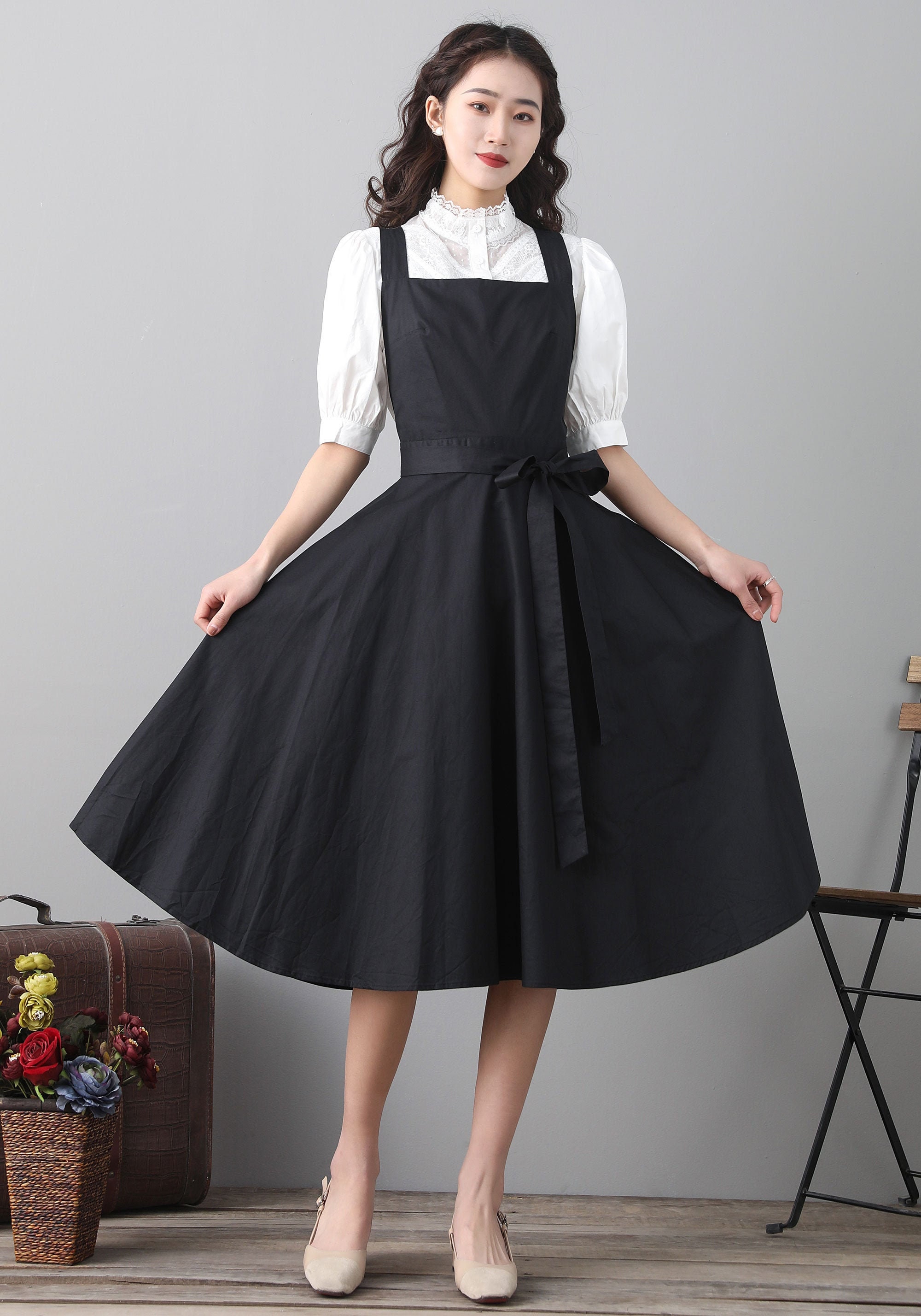 Black Pinafore Dress, Suspender Dress, Midi Dress for Women, Fit