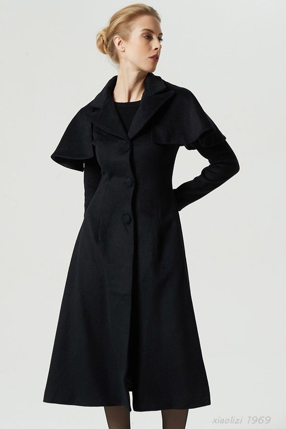 black coat wool coat capelet coat long coat winter coat | Etsy