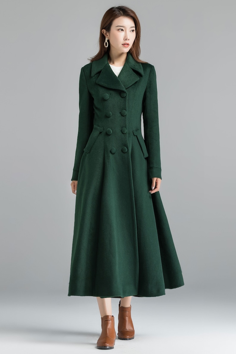 Vintage inspired wool green coat, Long wool coat, Winter coat women, Wool coat women, Double breasted wool coat, Custom coat, Xiaolizi 2398 image 4