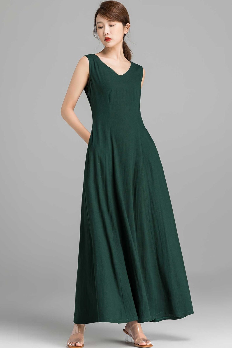 A Line party dress Sleeveless Prom dress Maxi dress House dress 2361# Green dress Casual dress Linen dress Women dress Summer dress
