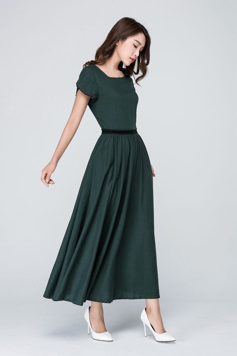Dress DressProm Long 1561 Green Short Handmade Formal Summer Dark Linen Sleeves 7Yyvgfb6