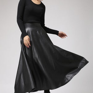 Black Faux Leather Skirt Classic Style Maxi Skirt Women PU Vegan Flared ...