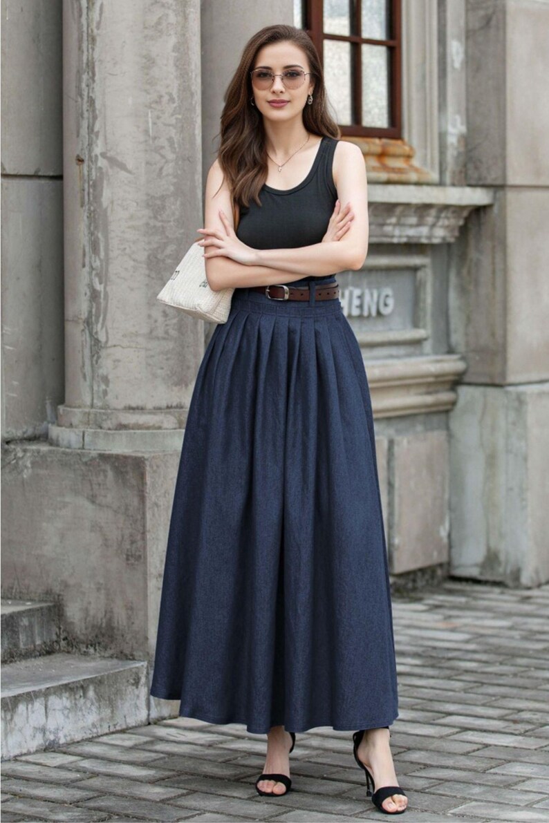Women's Blue Solid Straight Maxi Denim Skirt with Belt