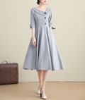 Gray Linen Cocktail Dress, Swing Midi Dress, Fit & Flare Dress, 50s Cotton Linen Dress Women, A Line Dress with Pocket, Wedding Dress K3274