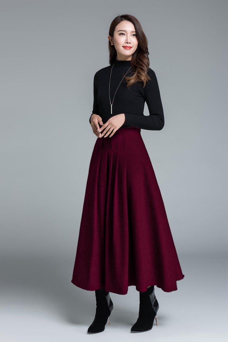 light grey skirt, wool skirt, winter skirt, pleated skirt, maxi skirt, winter wool skirt, long skirt, skirt for women, handmade skirt 1643# 3-Burgundy
