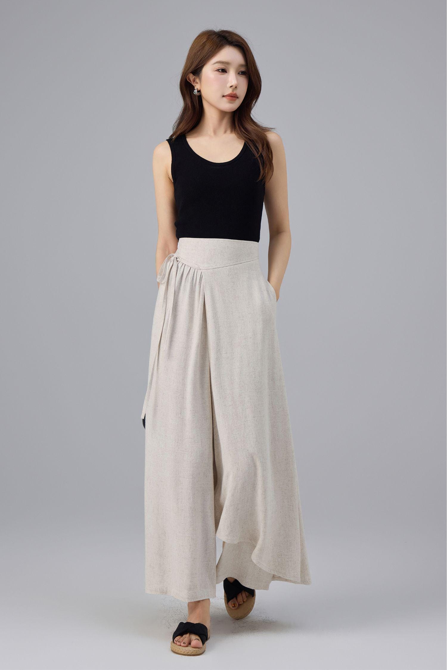 Beige Linen Cotton Skirt Pants – Wrap Wide Leg Trousers With