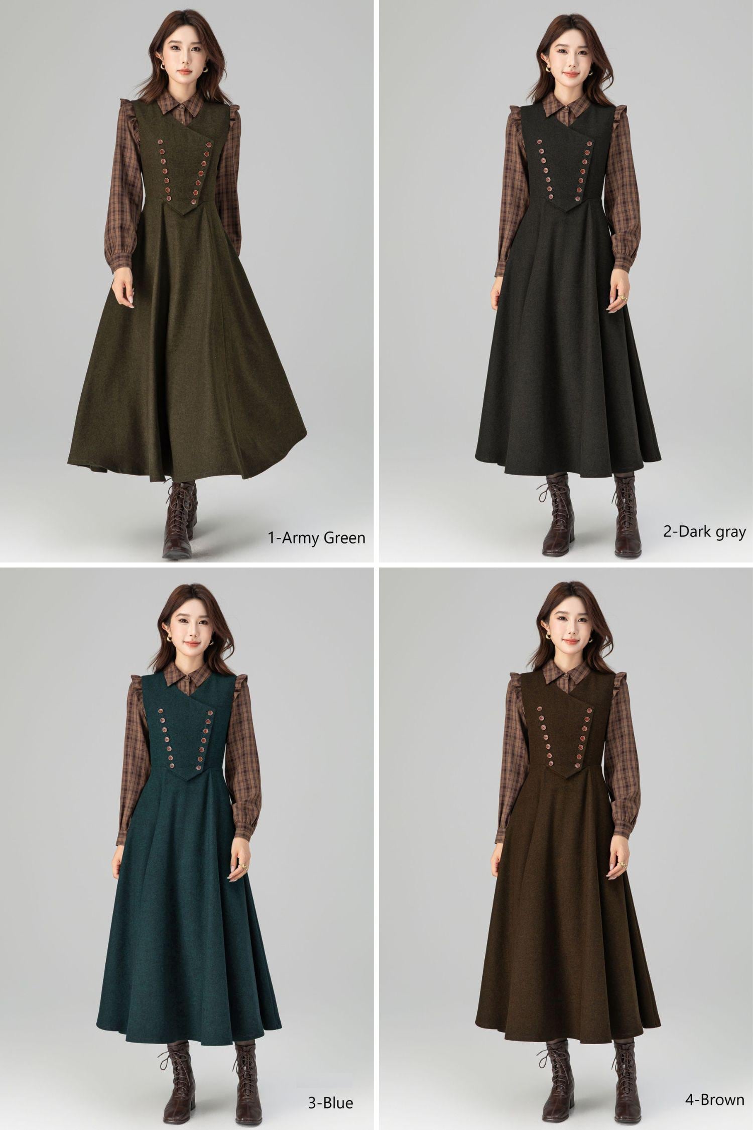 Army Green Wool Pinafore Dress: Sleeveless Midi A-line - Xiaolizi