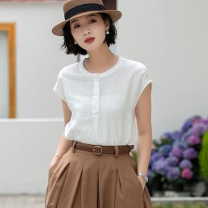 Blusa blanca de lino puro, estilo vintage con botones en la parte delantera, ideal para la oficina en verano, Xiaolizi 5992 imagen 7