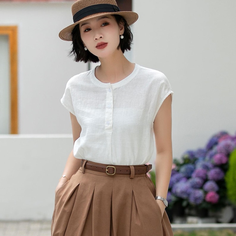 Blusa blanca de lino puro, estilo vintage con botones en la parte delantera, ideal para la oficina en verano, Xiaolizi 5992 imagen 7