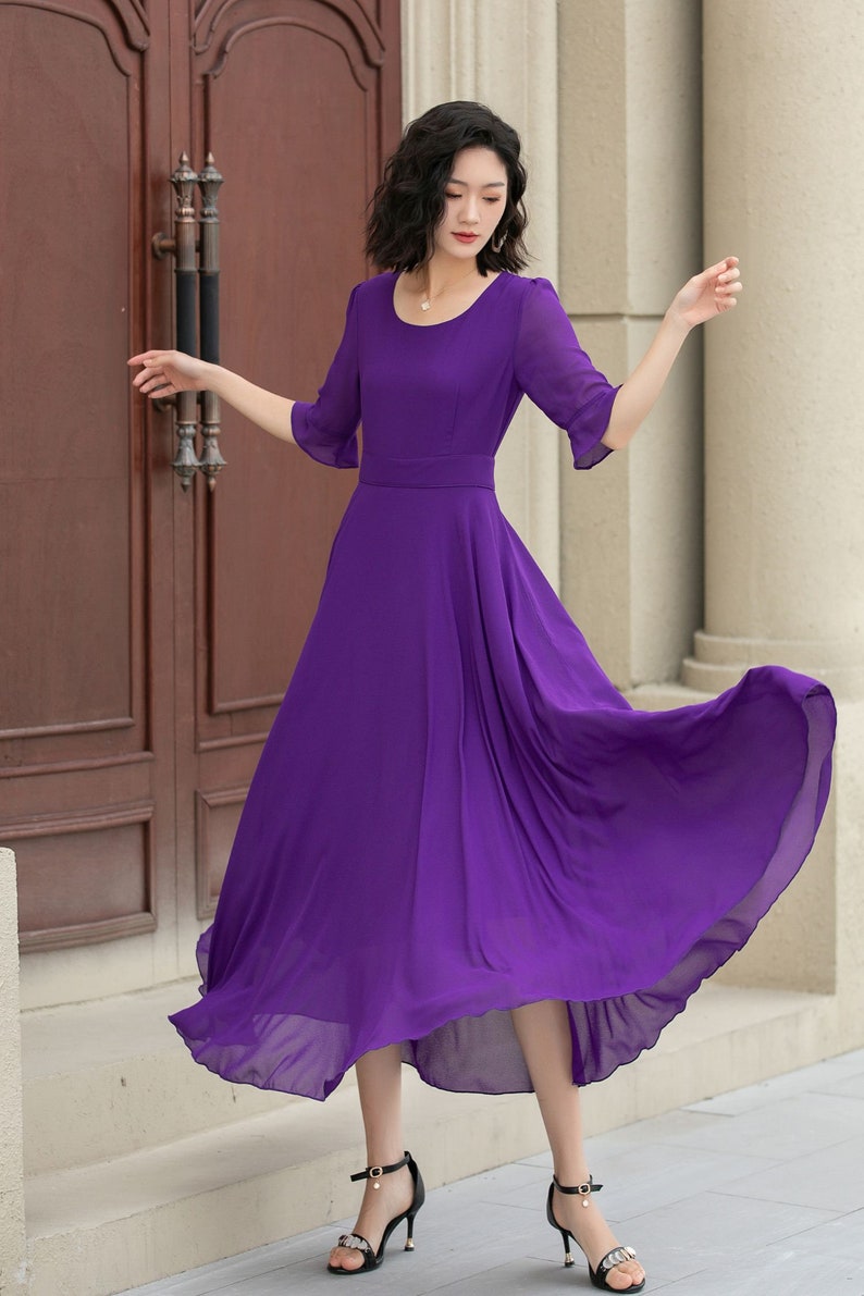 Women's Chiffon Dress, A Line Summer Chiffon Dress, Purple Boho Dress, Big Swing Dress, Circle Chiffon Dress, Ankle Length Dress 5116 image 3