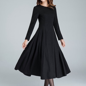 Long Black Dress, Wool Dress, Winter Dress, Long Women Dresses, Pleated ...