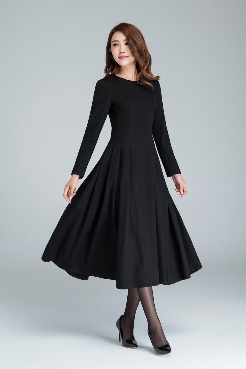 Long black dress, wool dress, winter dress, long women dresses, pleated dress, handmade dress, ladies dresses, long sleeve dress 1614 image 3