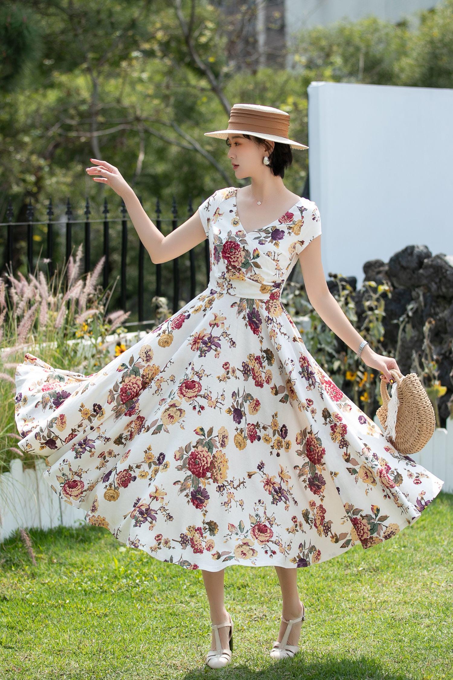 Floral Linen Cotton Midi Dress for Women – Short Sleeve Fit and