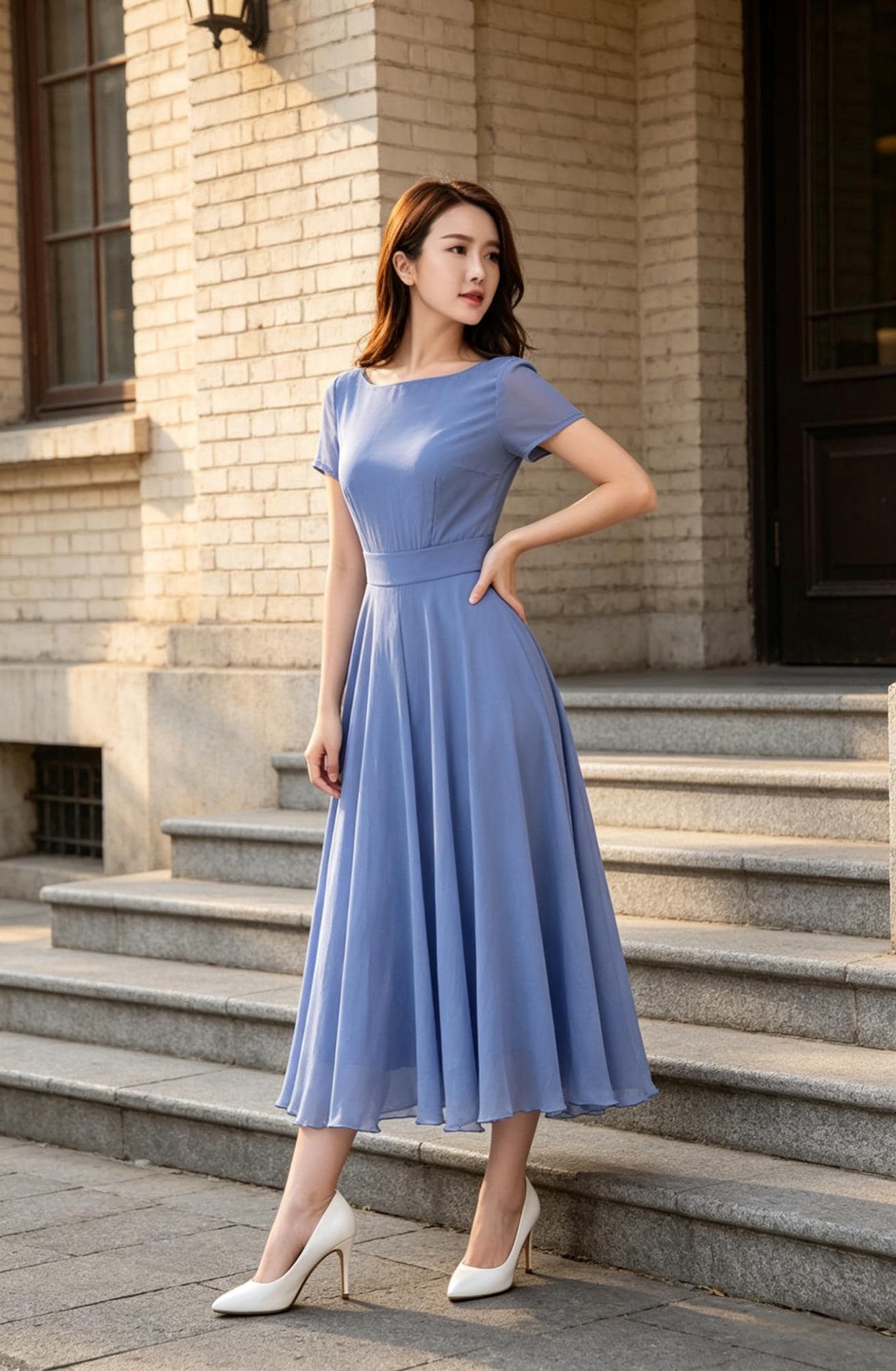 Blue Bridesmaid Dress with sleeves, Simple Beach wedding dress, Summer Long Women Chiffon dress, Bohemian Swing Chiffon maxi Dress 1523#