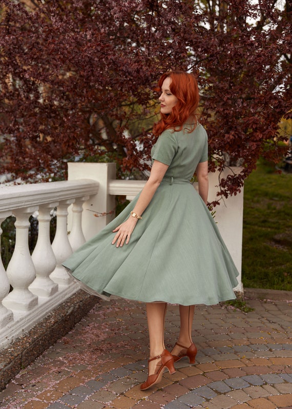 50s Midi Shirt Dress Women Fit and Flare Swing Dress Vintage