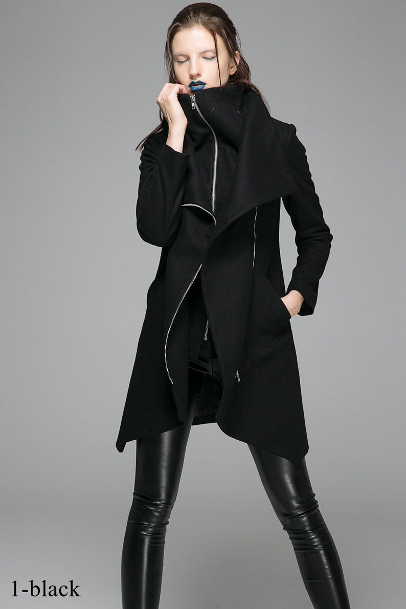 Women Black Asymmetrical Wool Jackets & Coats, Modern Warm Winter Coat, Ladies Double Collar Coat, Designer Clothing, Pea Coat Xiaolizi 1363 1-Black