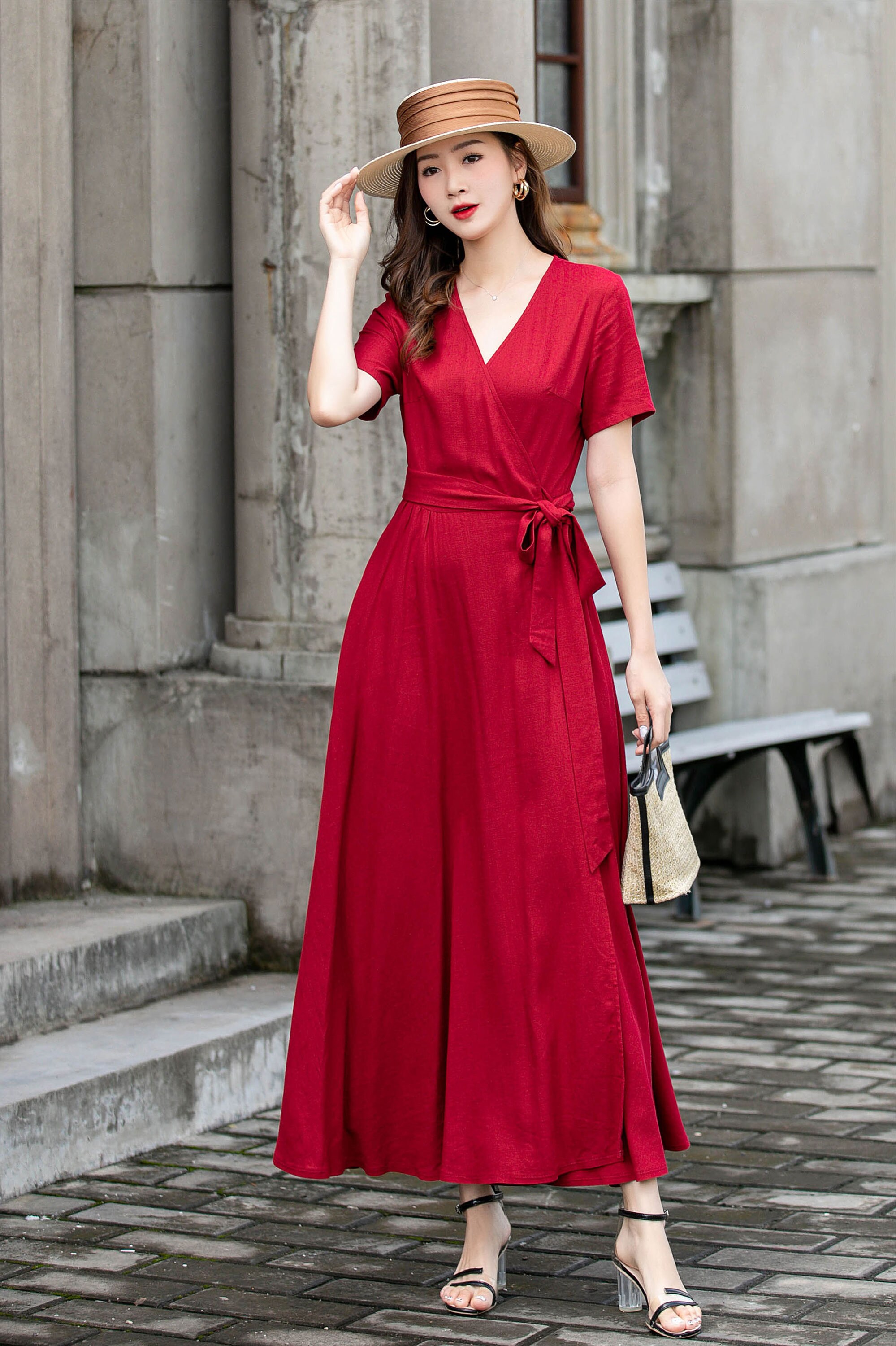 Red Linen Wrap Dress, Summer Linen Maxi Dress, Womens Dress, Long Linen Dress, Dress with Pockets, Short Sleeve Dress, Custom Dress 4425#