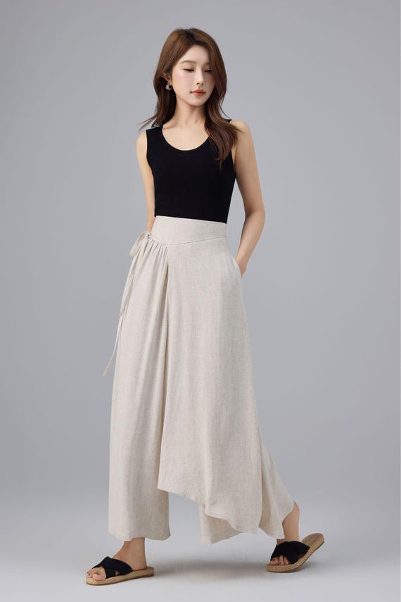 Beige Linen Cotton Skirt Pants – Wrap Wide Leg Trousers With