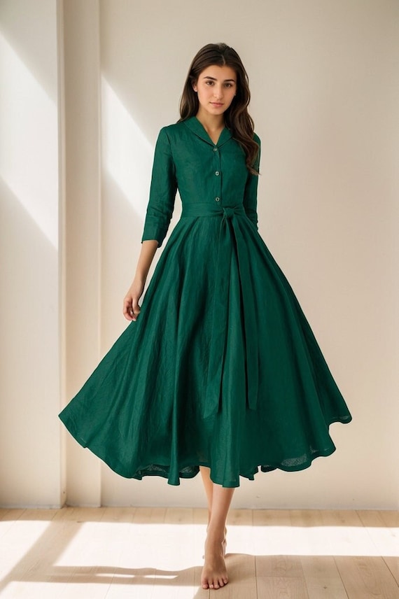 Linen Shirt Dress, Long Linen Dress, Swing Shirt Dress