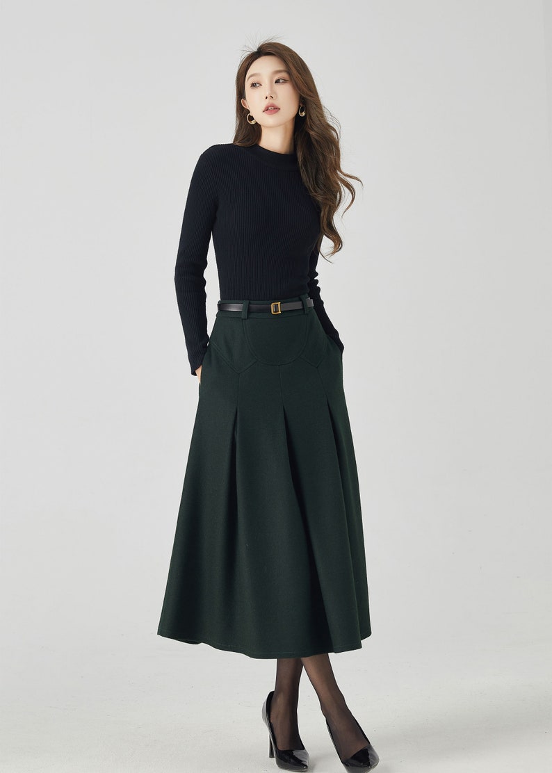 Midi Wool Skirt, Pleated Wool Skirt, Dark Green Skirt with Pockets, Womens Swing Skirt, Autumn Winter Skirt, Custom Skirt, Xiaolizi 4532 image 2