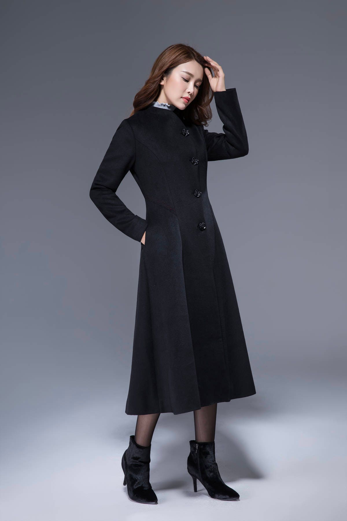 black winter coat long wool coat midi coat warm jacket | Etsy
