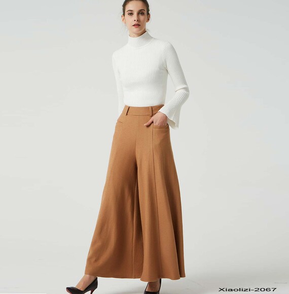 Brown wool pant wide leg pants pleated pants womens pants | Etsy
