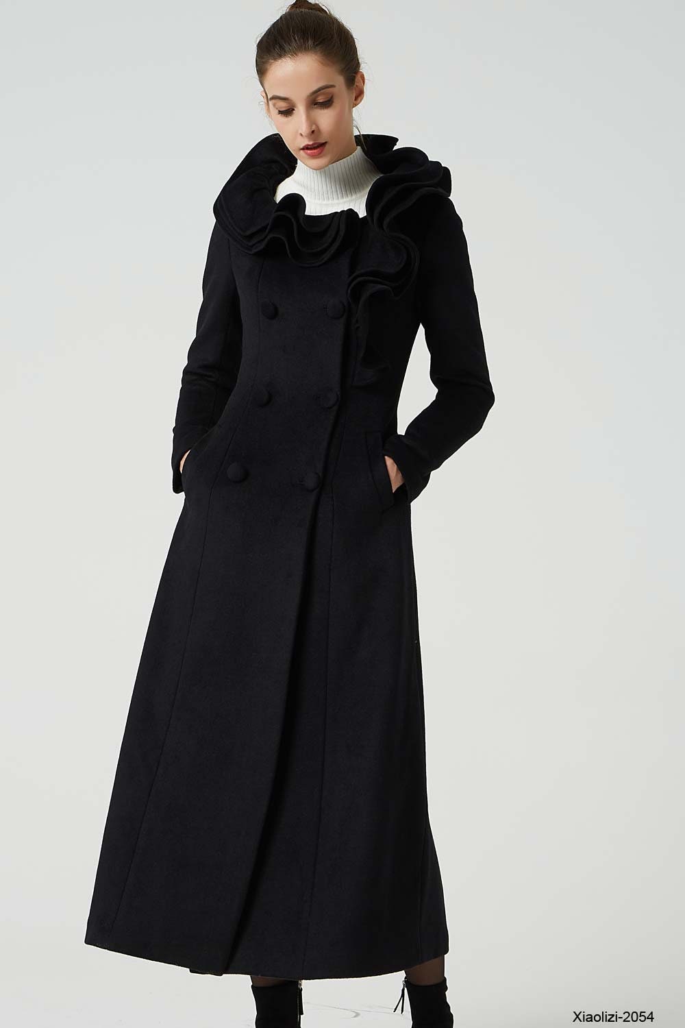 ruffle coat black wool coat long trench coat elegant coat Etsy