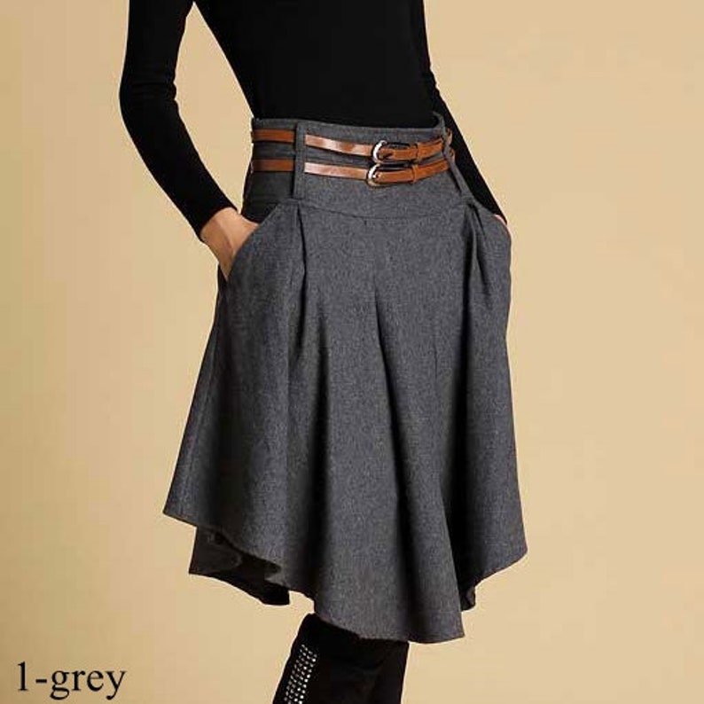 Winter Asymmetrical Wool Skirt Women, Pleated Wool Midi Skirt, Skater Skirt with pocket, Wool Circle skirt, Retro Grey Skirt XiaoLizi 0359 1-grey