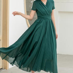 Green Maxi dress, Pleated dress, Summer linen dress, Party dress, Short sleeves dress, Ladies swing dresses, xiaolizi 5832