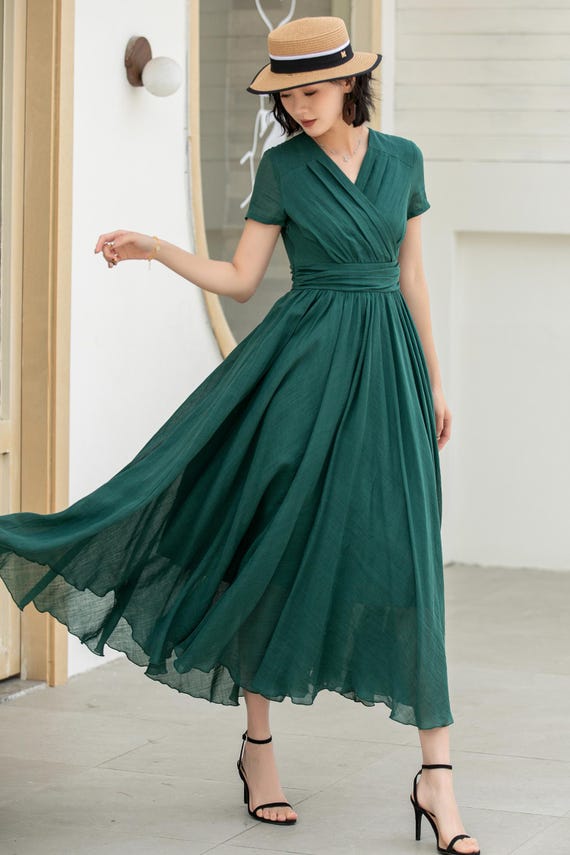 Green Maxi Dress, Pleated Dress, Summer Linen Dress, Party Dress, Short  Sleeves Dress, Ladies Swing Dresses, Xiaolizi 5832 - Etsy Ireland
