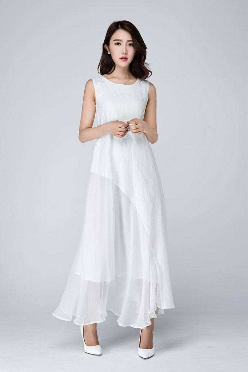 White dress, Plus size dress, Sleeveless dress, Linen dress, Chiffon dress, Women dress, Casual dress, Summer dress, Maternity dress 1577 image 6
