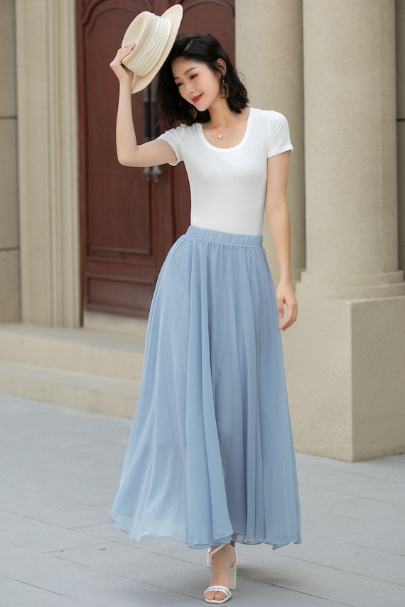 Chiffon Skirt, Maxi Skirt, Summer Womens Blue Swing Chiffon Circle