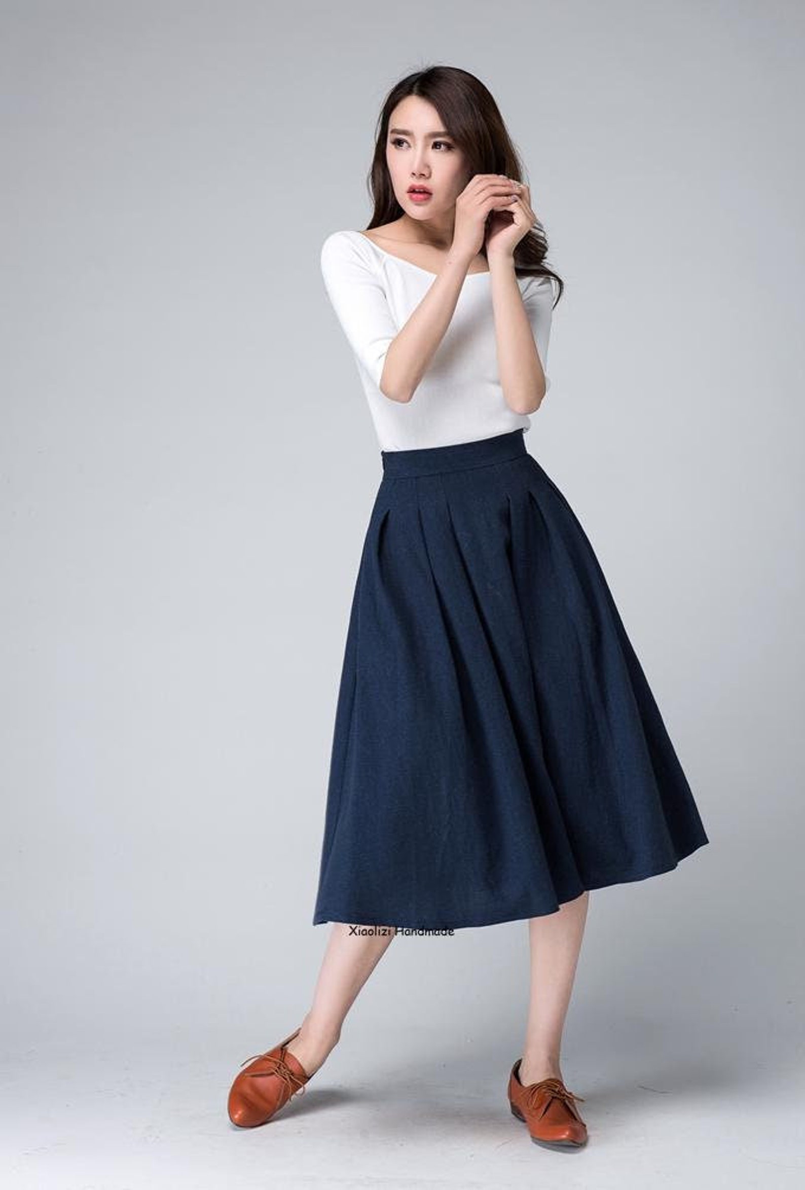 High Rise Plain Bow Accent Midi A-Line Skirt