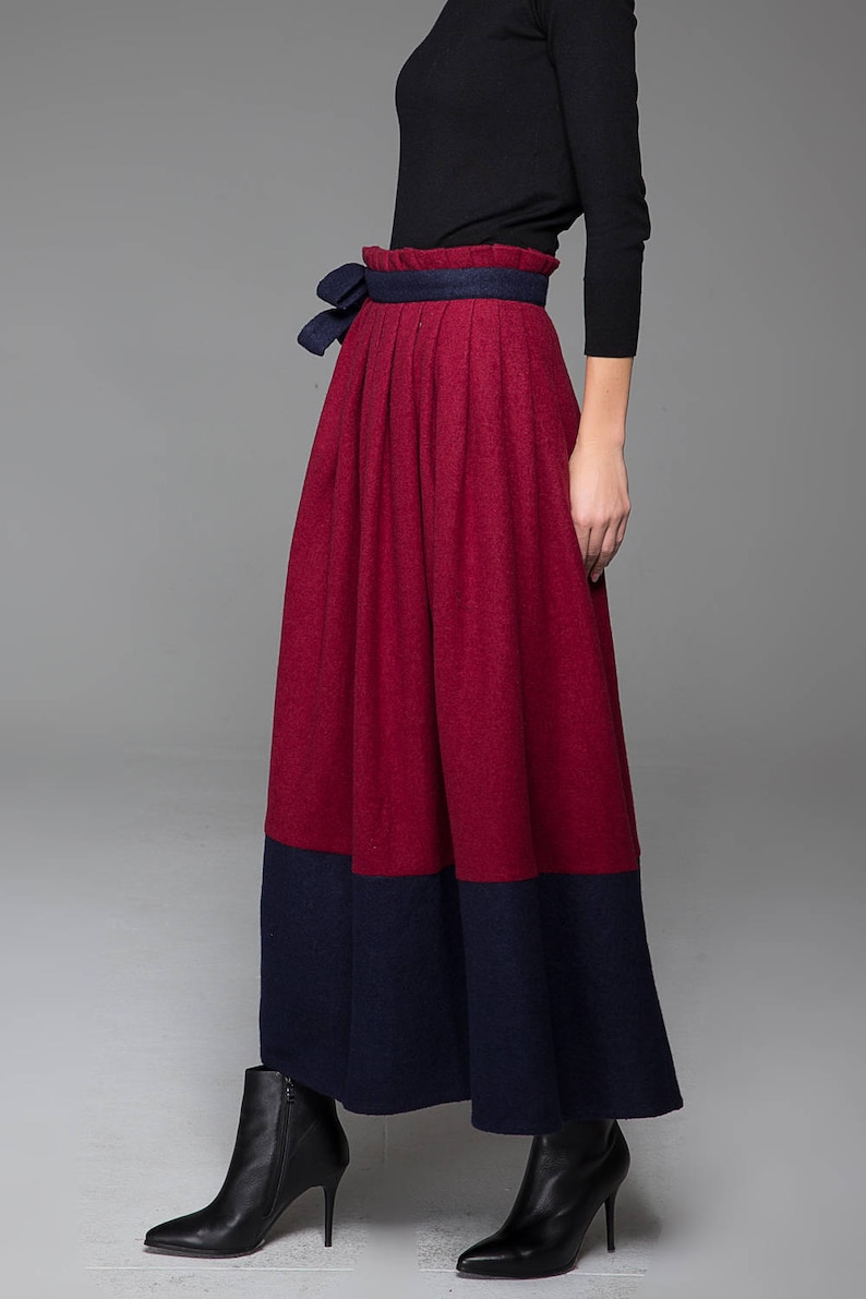 Long Wrap skirt, wool skirt, maxi skirt, patchwork skirt, winter skirt, modern clothing, pleated skirt, unique skirt, gift for mom MM68 wine red--1429#