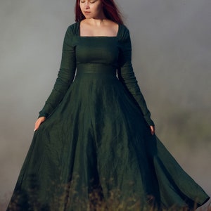 Linen dress, Long sleeve Linen Maxi dress with pockets, Women Linen dress, Black Linen dress, Spring autumn dress, Custom dress 0793 4-Green