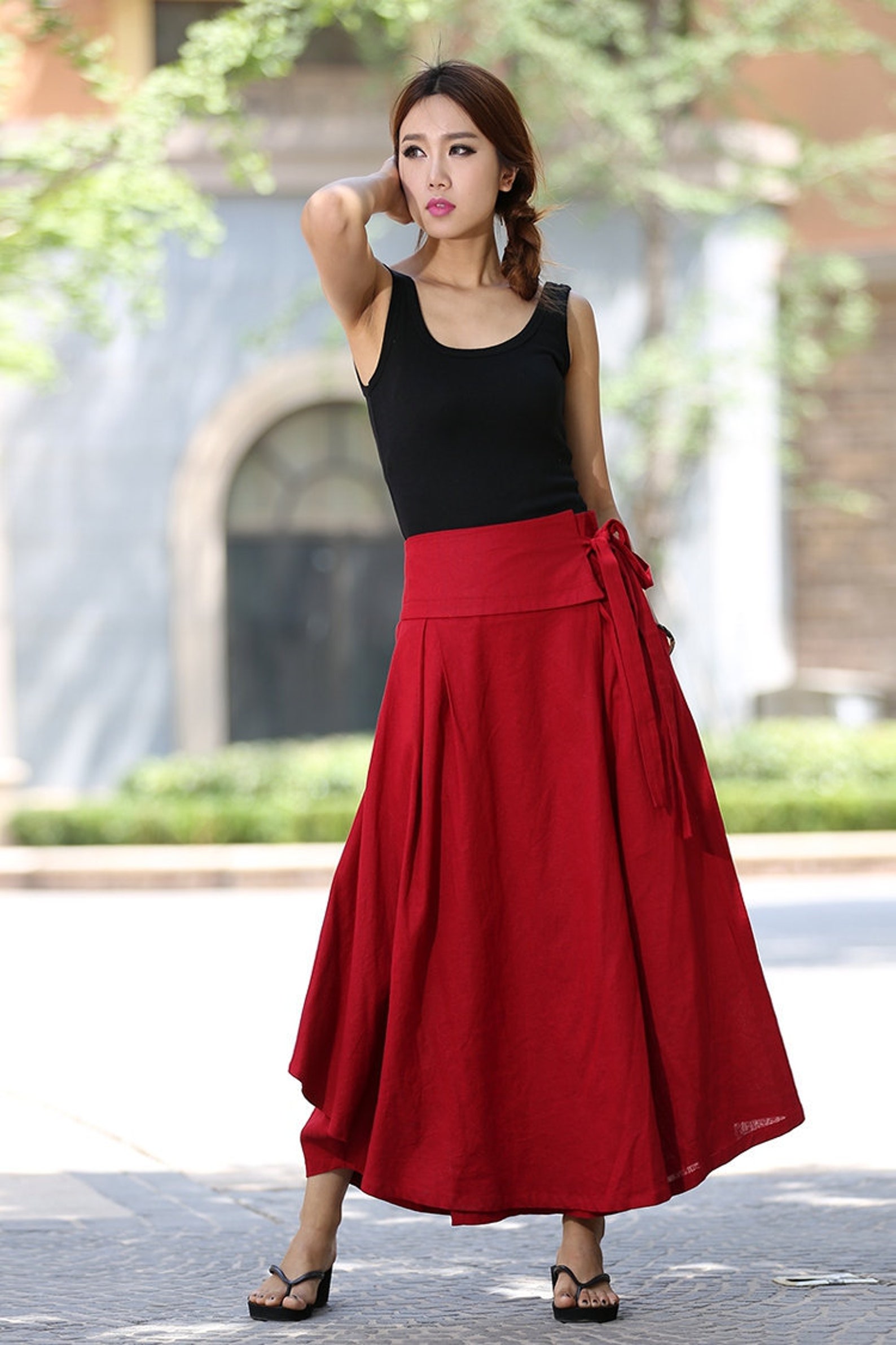 VERANO Midi Wrap Skirt - red stripe linen