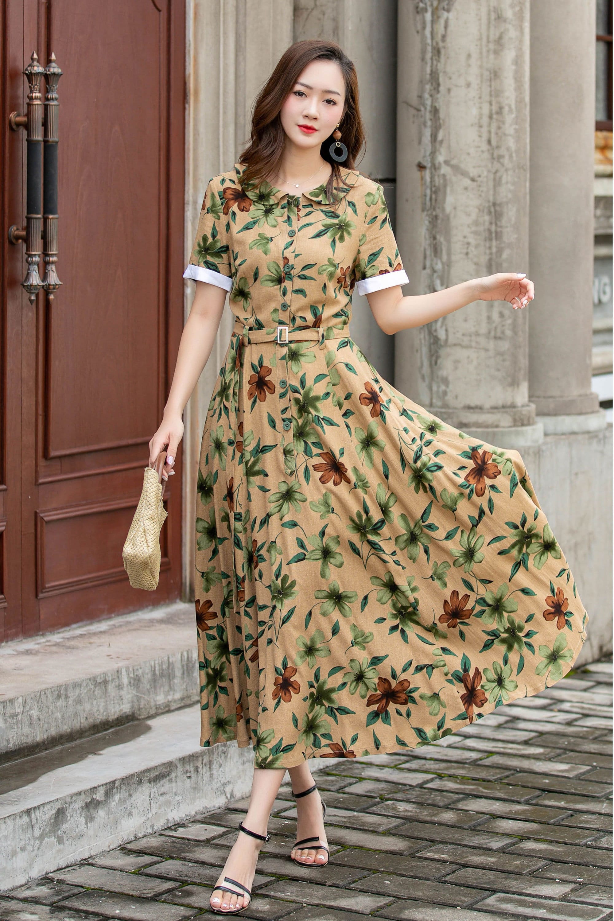 Linen Shirt Dress, Floral Linen Shirt Dress, Midi Linen