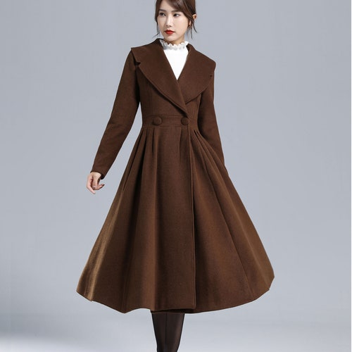 Brown Princess Wool Coat Women, Winter Coat, 1950s Inspired Fitted