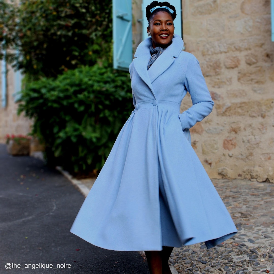 1950s Vintage Inspired Wool Coat, Wool Princess Coat, Blue