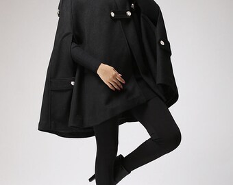 ブラックウールケープコート、フード付きケープコート、レディース